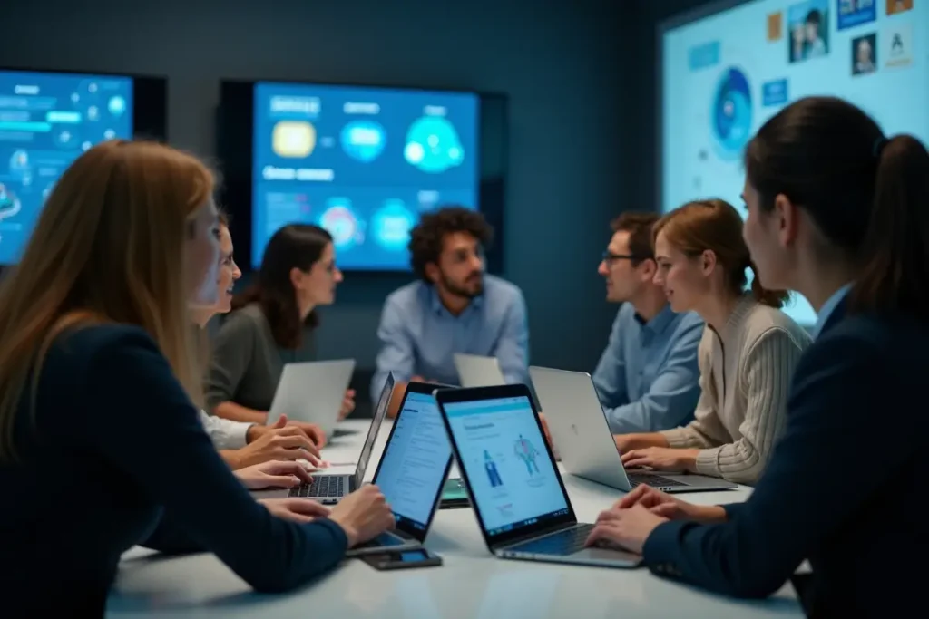 Diverse professionals developing AI literacy and essential workplace skills through collaborative learning and training