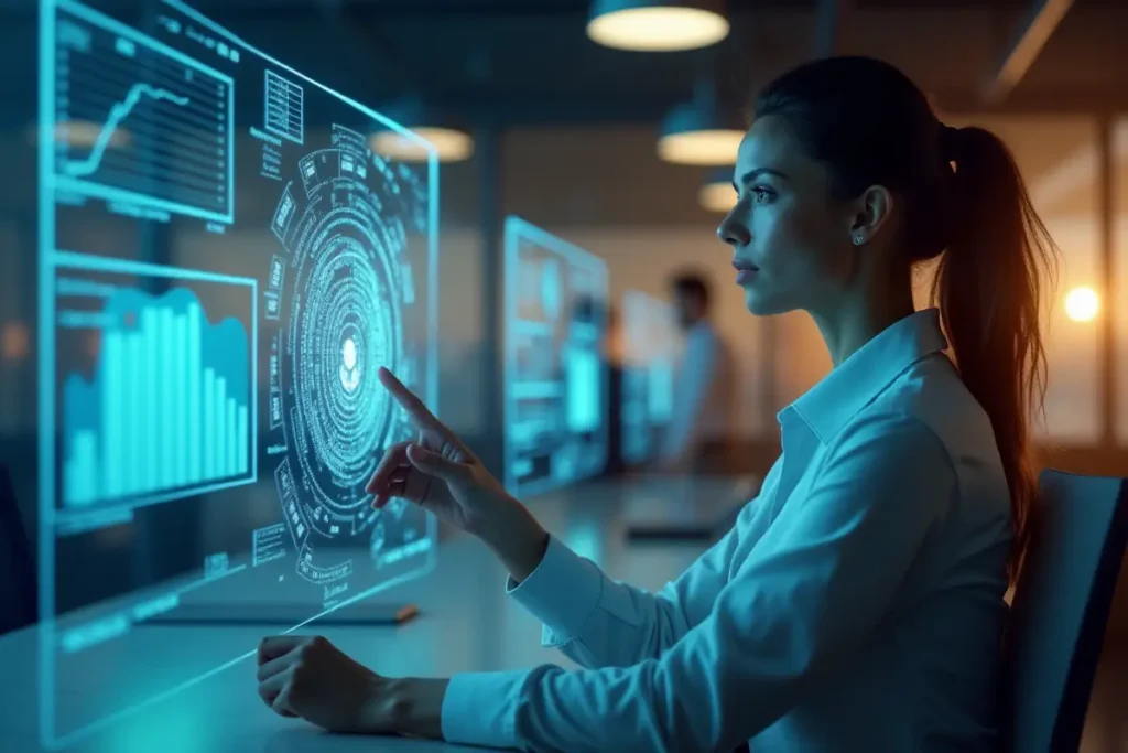 Business professional showcasing practical AI skills for professionals through seamless AI technology integration in a contemporary work environment.
