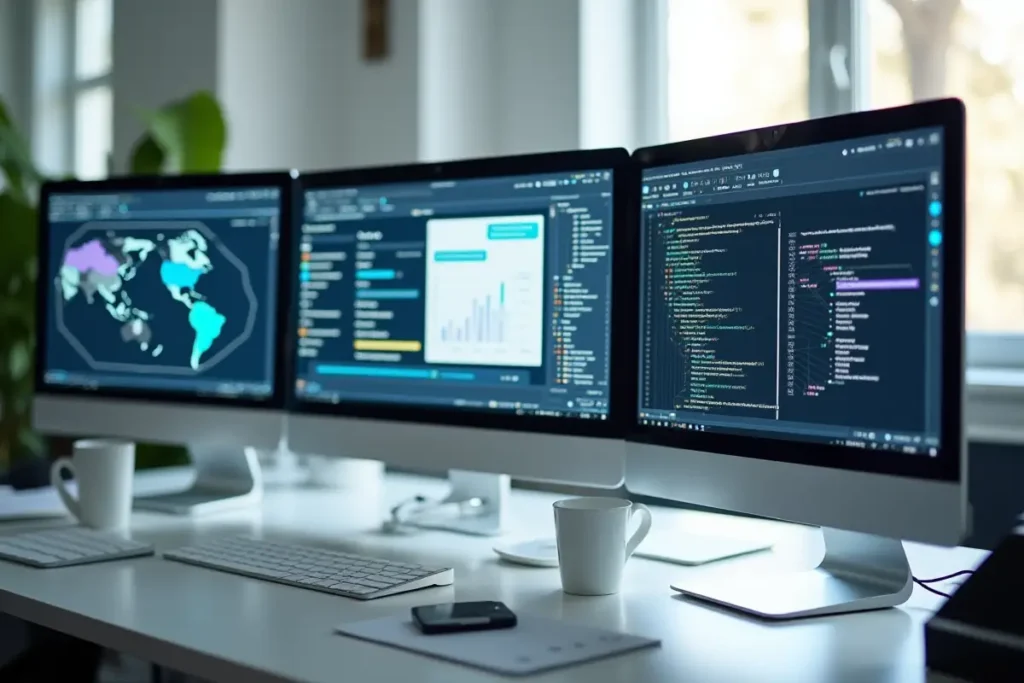 Professional workspace showcasing various AI tools and prompt engineering applications for workplace productivity