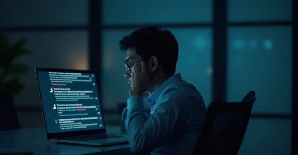 Frustrated professional experiencing AI chatbot limitations while working at laptop