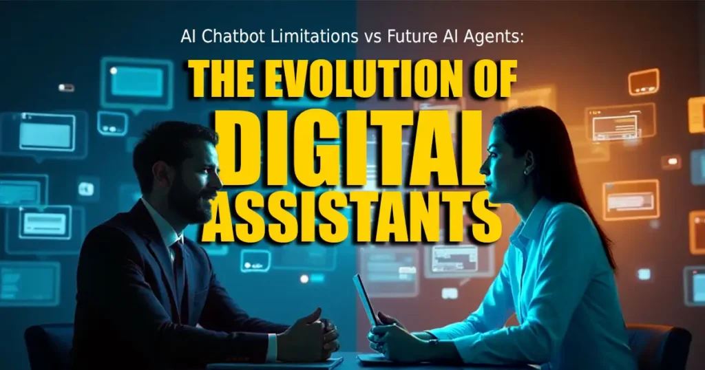 Featured image comparing AI chatbot limitations with future AI agent capabilities showing frustrated professional versus empowered user