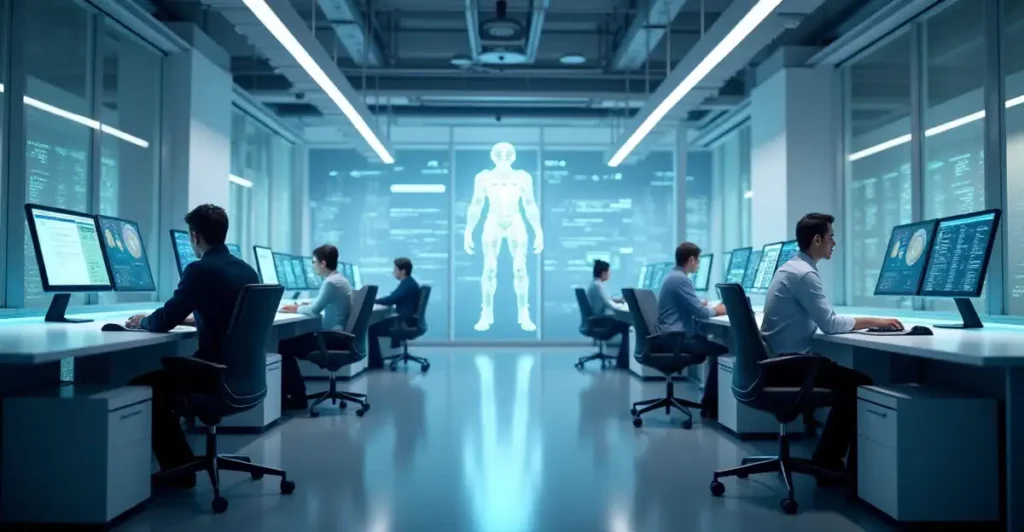 Enterprise AI command center visualizing Cognizant's three-wave strategy for AI integration in enterprises—featuring code generation, system-wide integration, and multi-agent orchestration displays.