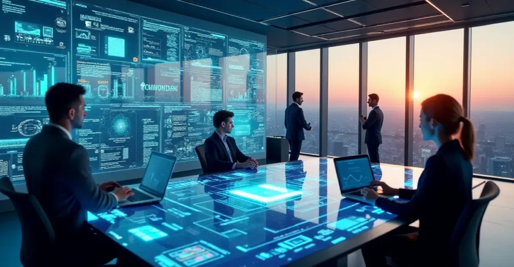 nterprise AI command center showing professionals interacting with digital dashboards and data layers—visualizing Cognizant’s 3-wave AI integration in enterprises