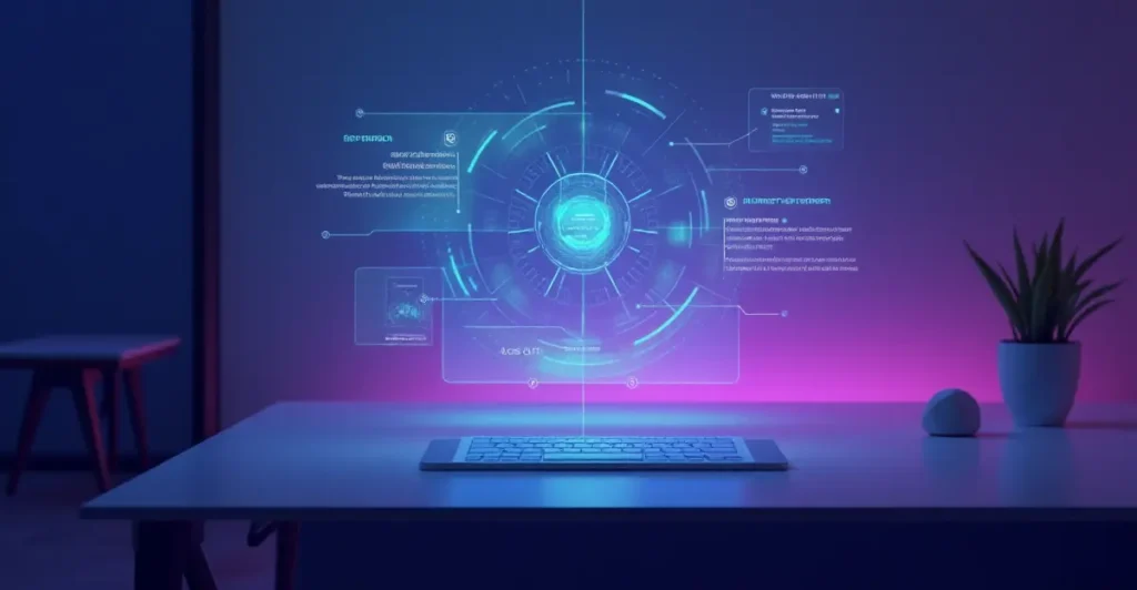 Futuristic AI agent interface showing proactive assistance and data integration capabilities