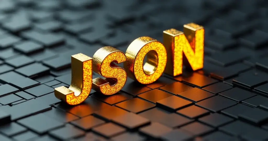 Golden 3D JSON text made of pixels representing JSON prompts for AI video generation workflow