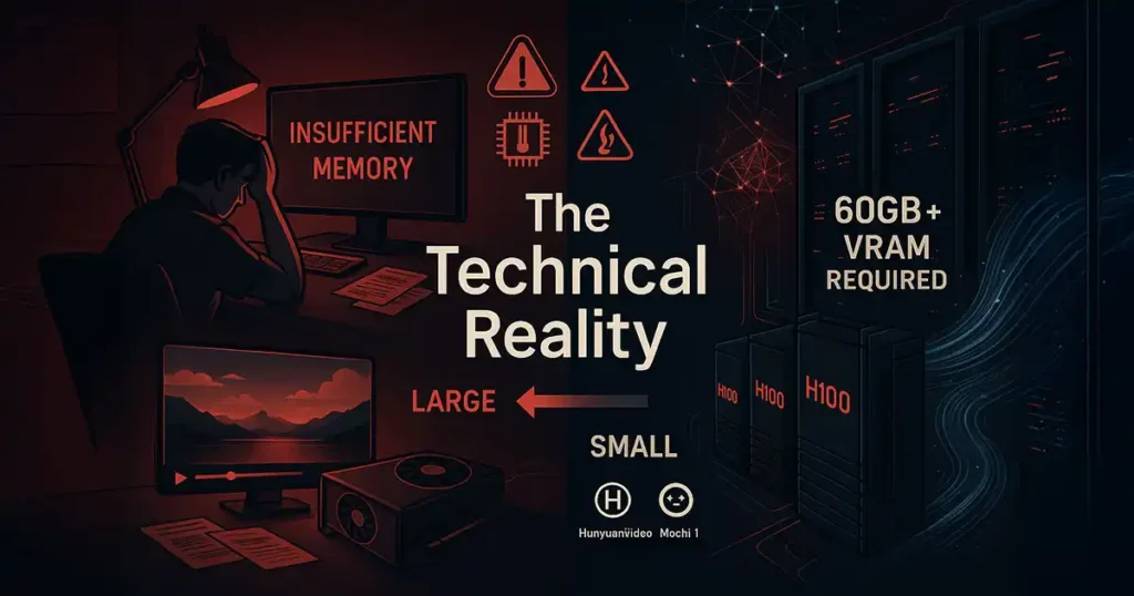 ocal AI video generation technical challenges showing GPU memory limitations and hardware requirements for AI models