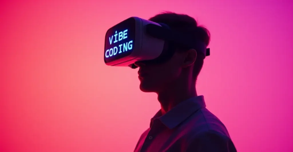 Silhouette of a person wearing a VR headset with ‘Vibe Coding’ on the screen, representing the creative and immersive spirit of Vibe Coding Week