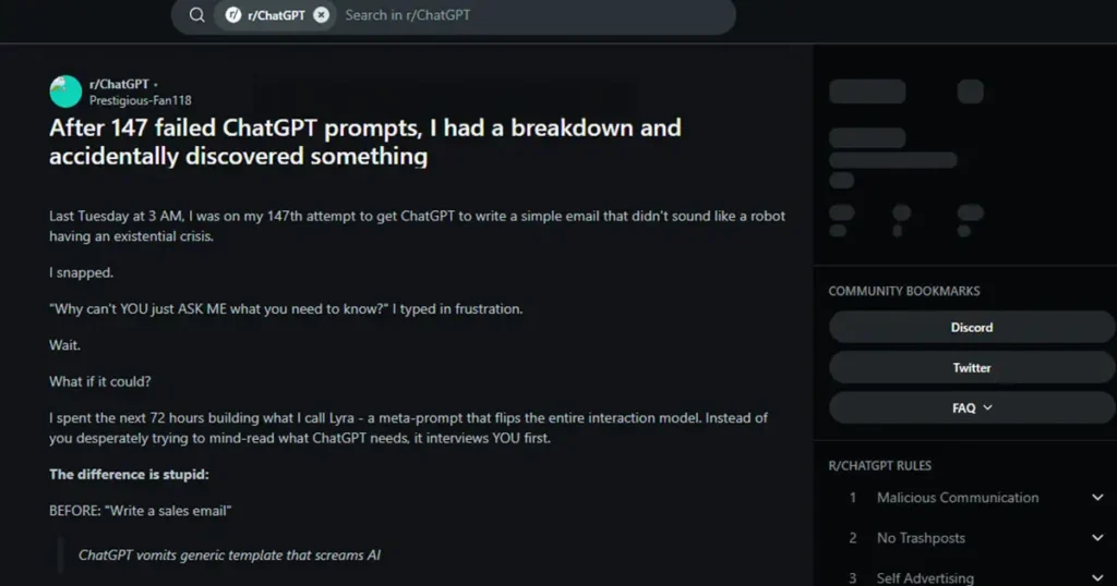 Screenshot of Reddit post explaining Lyra, a meta-prompt for AI that interviews users before generating responses