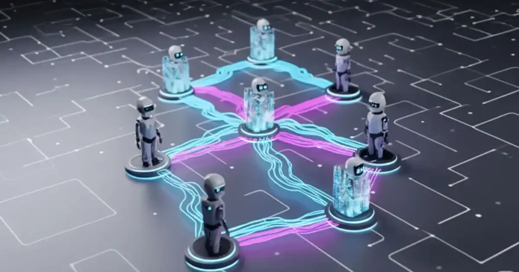 AI agents connected through communication protocols showing data exchange