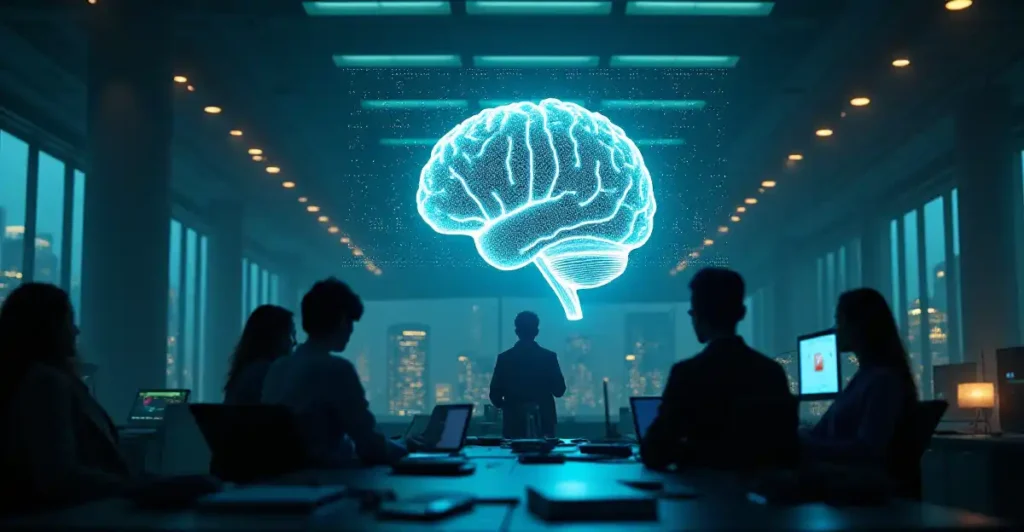 Futuristic illustration of AI obsession eroding human skills in the workplace.