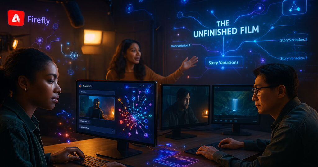 Creative AI collaboration showcased through Adobe Firefly's The Unfinished Film campaign with diverse creators working together