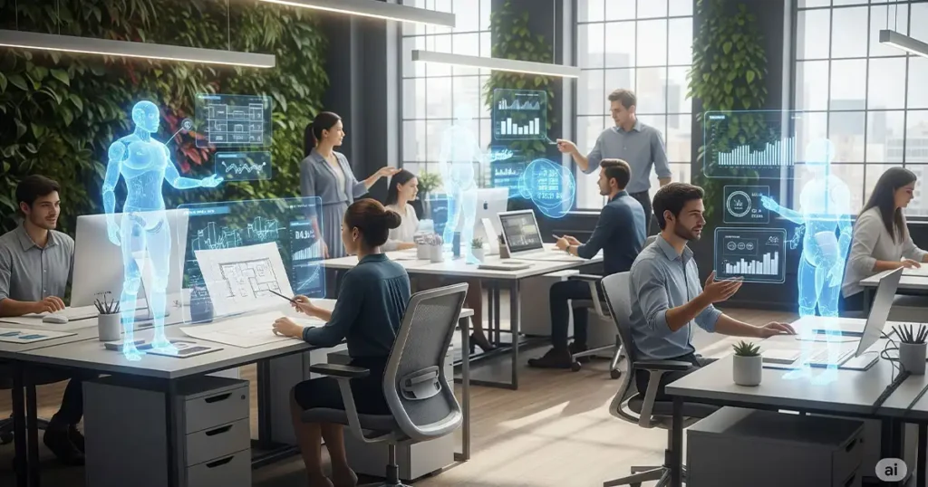 Future workplace showing AI agents and humans collaborating through communication protocols