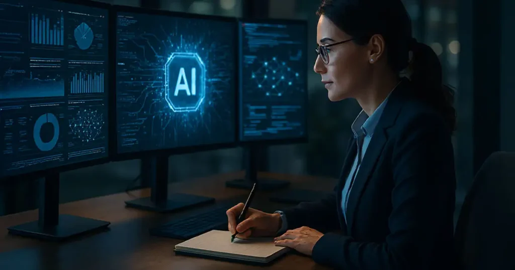 Professional woman developing human skills in AI era through analytical work