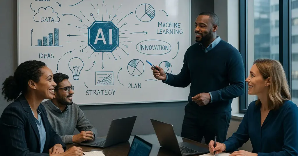 Team demonstrating human skills in AI era through collaborative innovation and strategic planning