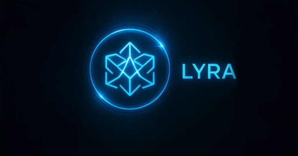 Futuristic Lyra AI interface with glowing geometric emblem and circuit patterns on a dark digital background