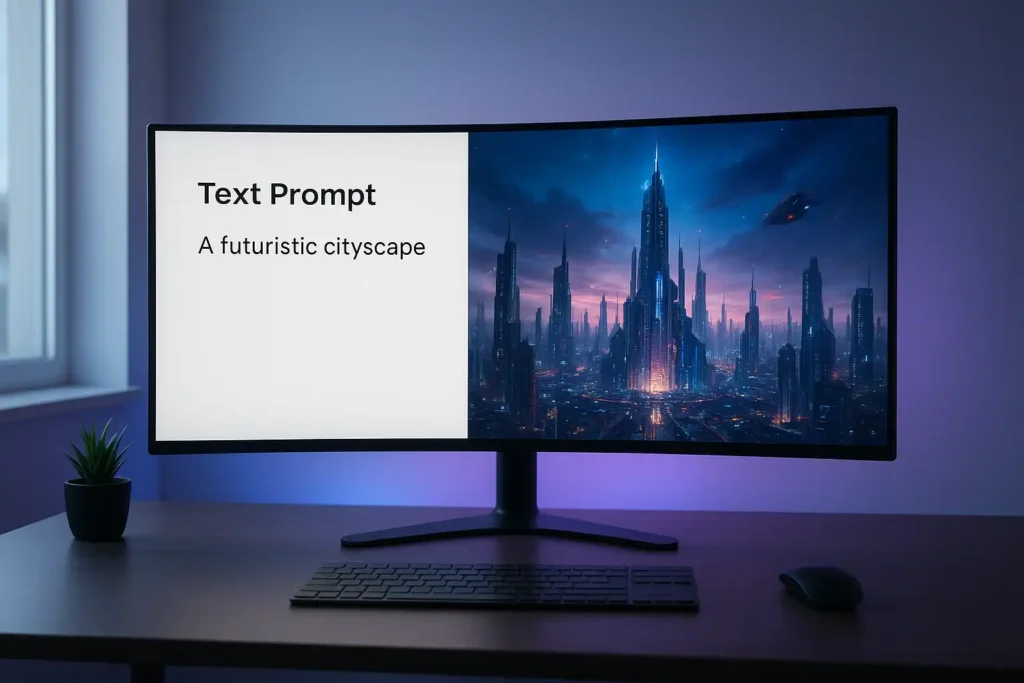 AI image generation with DALL-E 3 showing text-to-image transformation on computer screen